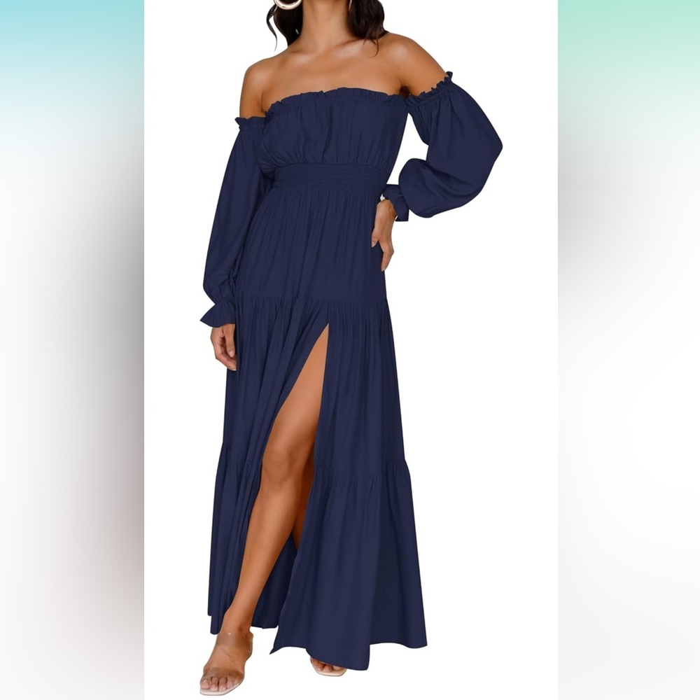 Off Shoulder Long Sleeve Smocked High Waist Side Split Flowy Long Maxi Dress